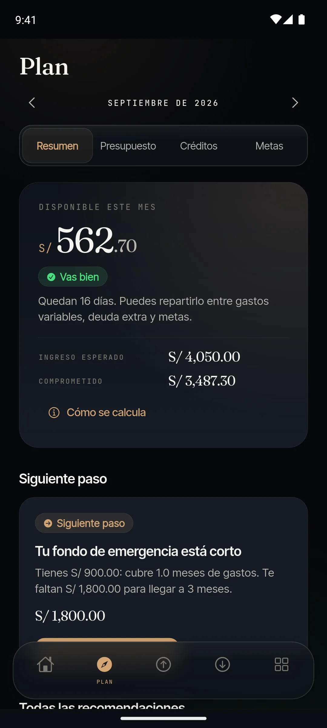 Pestaña Resumen de Plan, septiembre de 2026: «Disponible este mes» con el estado «Vas bien», días que quedan, ingreso esperado, comprometido y «Cómo se calcula», seguido del siguiente paso sugerido.
